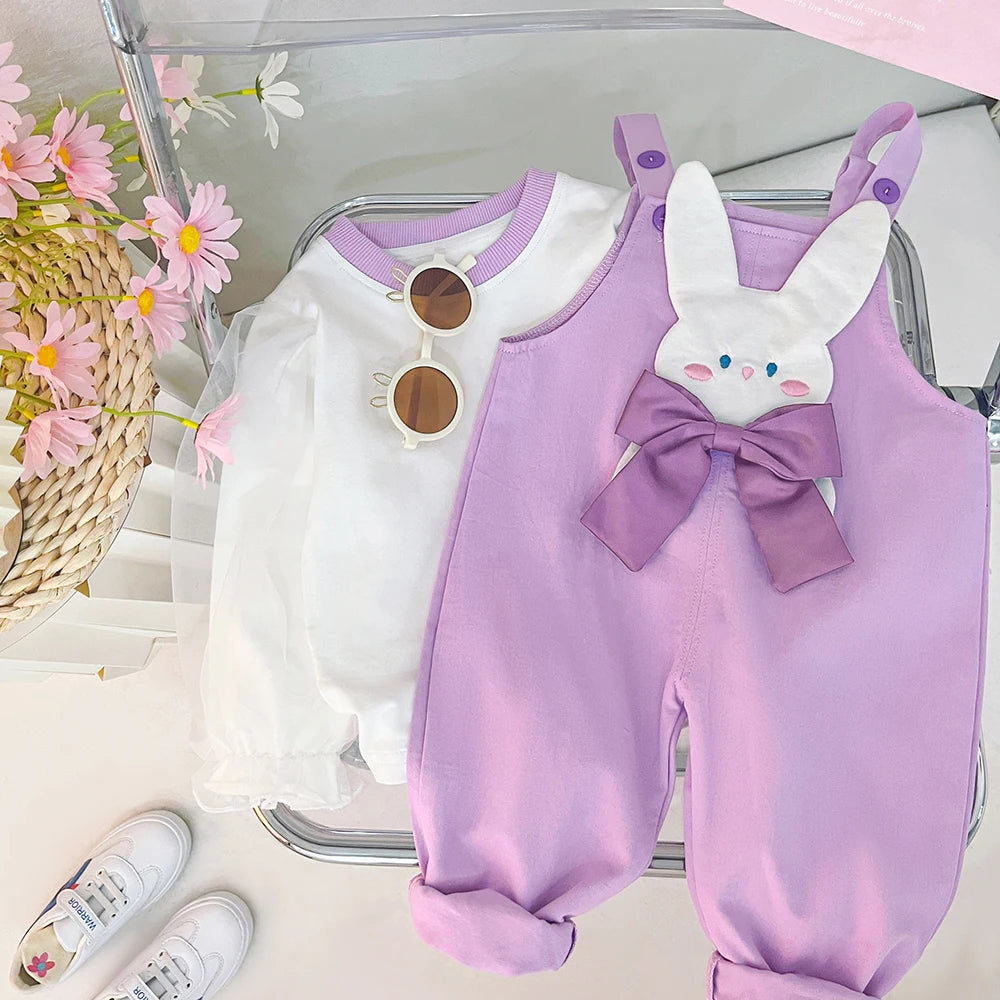 2023 Autumn Children Clothing Sets for Baby Girls T Shirt Overalls Cute Rabbit 2 Piece Set Infant Clothes Outfits Kids Tracksuit