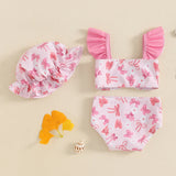 Toddler Baby Girl Bikini Set Swimsuit Bow Strawberry Print Tank Tops with Shorts and Hat Bathing Suit 3 Pcs Beachwear
