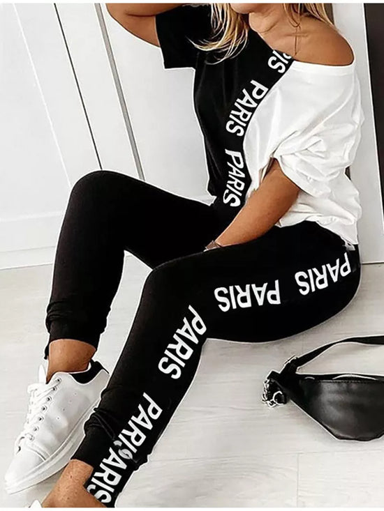 Off Shoulder Tracksuit Women Two Piece Set Summer Clothes Letter Print Colorblock Tshirt Top Long Pants Suit Women Set Outfits