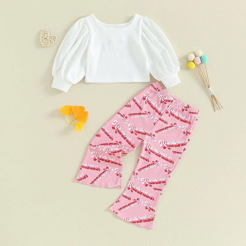 Toddler Kids Baby Girls 2 Piece Outfits Valentine's Day Long Sleeve Crop Tops Letter Print Elastic Flare Pants Set Cute Clothes