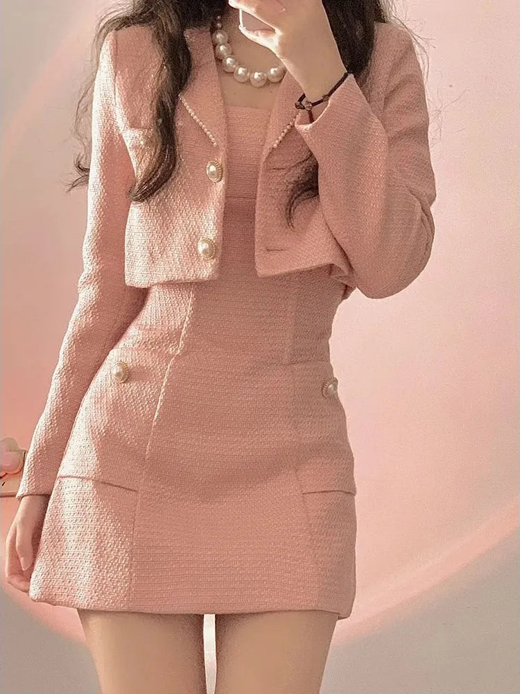Autumn Pink Elegant Two Piece Set Women Korean Style Balzer Coat+Strap Mini Dress Set Female Solid Casual Slim Designer Set 2023