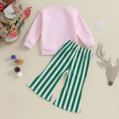 Toddler Girls 2 Piece Outfits Christmas Letter Print Long Sleeve Sweatshirt and Striped Elastic Flare Pants Cute Clothes
