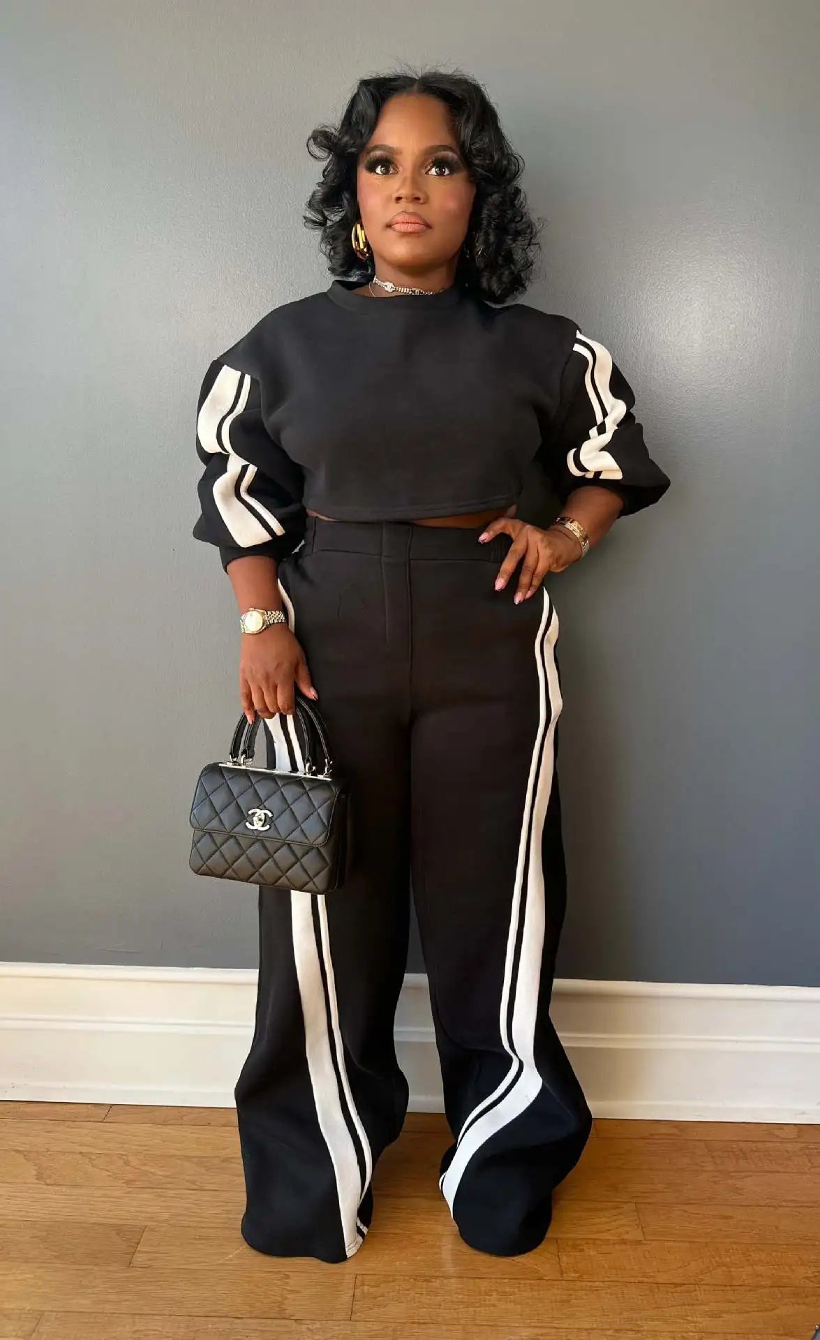 CM.YAYA Active Striped Splicing Women's Set Long Sleeve Sweatshirt and Sweat Pants Tracksuit 2024 Winter Two 2 Piece Set Outfit