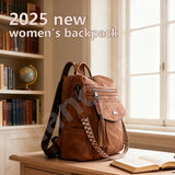 2025 Women's PU Leather Backpack Waterproof Anti-theft Large Capacity Tassel Detail Retro Travel Business College Shoulder Bag