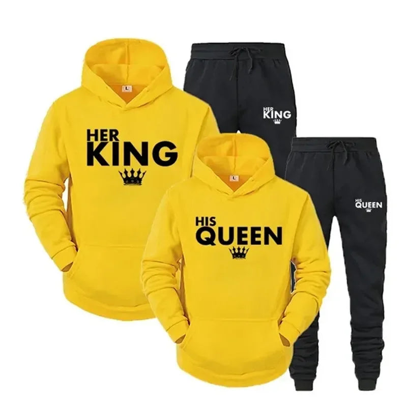 Lover Tracksuits Her QUEEN or His KING Printed Couple Hoodies Outfit Fashion Hooded Sweatshirt+Sweatpants Two Piece Set