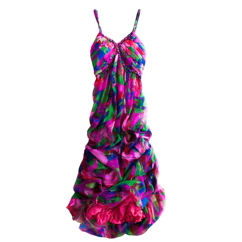 Tcyeek Floral 100% Real Silk Dress Women Strapless Long Dresses Summer Beach Party Elegant Ladies Dresses Vestidos Verano 2020