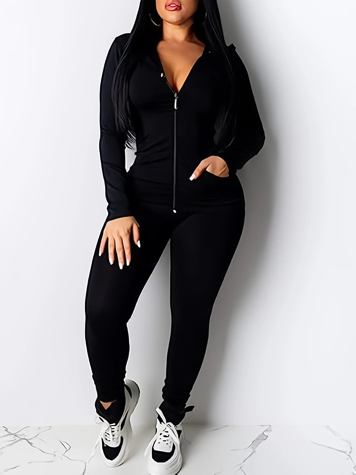 Women's fashion and leisure two-piece sportswear set, long sleeved zippered hooded jacket, sports pants, jogging and fitness set