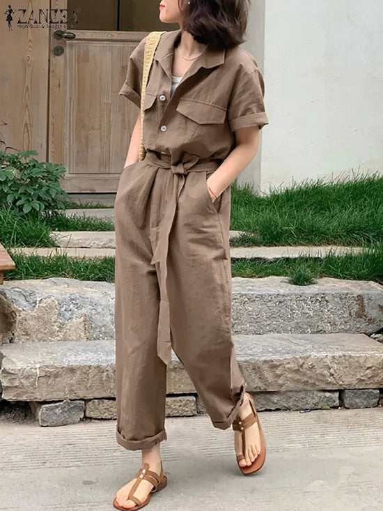 ZANZEA 2023 Summer Women Jumpsuit Short Sleeve Lapel Neck Rompers Femme Fashion Casual Loose Playsuits Oversize Cargo Overalls