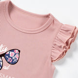 Baby Girl Solid Color Set Cartoon Glasses Printed Ruffle Edge Short Sleeves+Shorts Set Children's Shorts Daily Wear