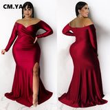 CMYAYA Plus Size Women Off Shoulder V-neck High Side Slit Mermaid Birthday Long Sleeve Long Maxi Dresses Sexy Party Prom Dress