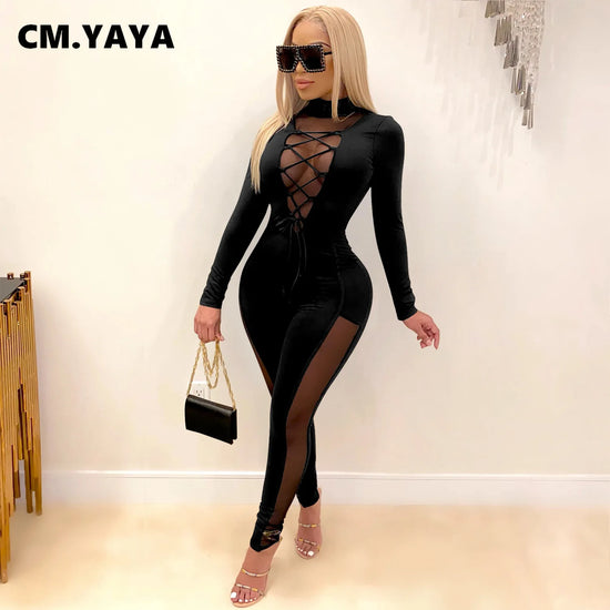 CM.YAYA Mesh Patchwork Lace Up Turtleneck Bodycon Elastic Jumpsuit Women Sexy Club Night Party One Piece Overall Romper 2021