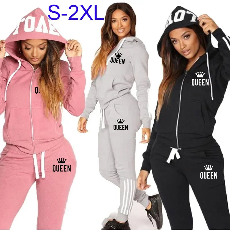 Queen Printed Y2k Fashion Casual Tracksuits Women Long Sleeve Zipper Hoodies Jogger Trousers Sport Sets Sweatshirts Slim Suits