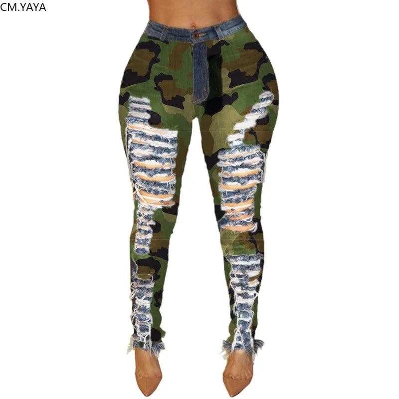 2019 New Autumn Winter Female Denim Pants Women Skinny Hole Spliced Camouflage Print Jeans Sexy Pencil Bandage Trousers