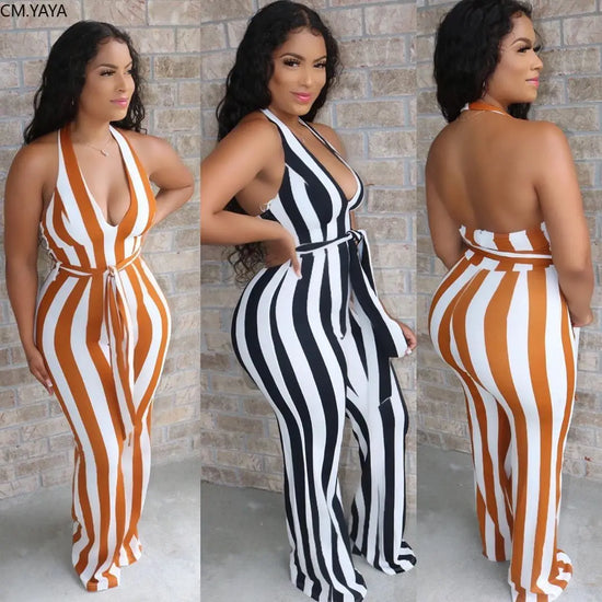 CM.YAYA Striped Halter V-neck Open Back Women Jumpsuits Rompers Drape Sexy Night Club Party Elegant One Piece Outfits Playsuit