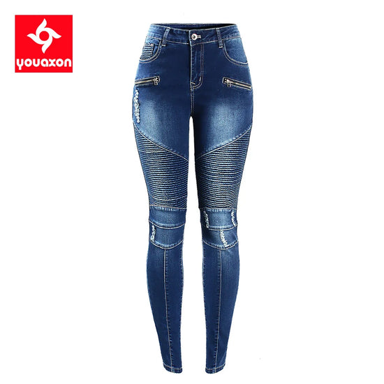 2077 Youaxon femmes mode moteur Biker Style jean taille moyenne Denim pantalon slim jean pour femmes vêtements livraison gratuite