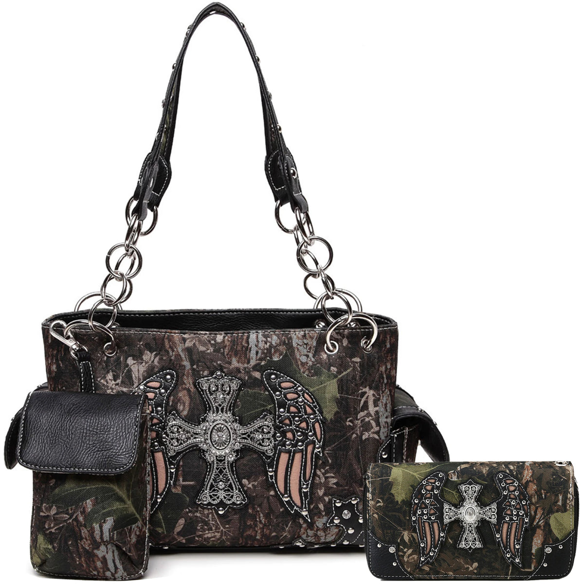 Camouflage Cross Wings Women Purse with Matching Wallet Set