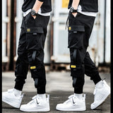 Men's Cargo Pants Casual Hip Hop Hit Color Multiple Pockets Trousers Streetwear Ribbons Techwear Sweatpants Boys