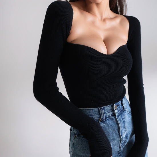 French Style Retro off-Shoulder Square Collar Bottoming Sweater Pullover