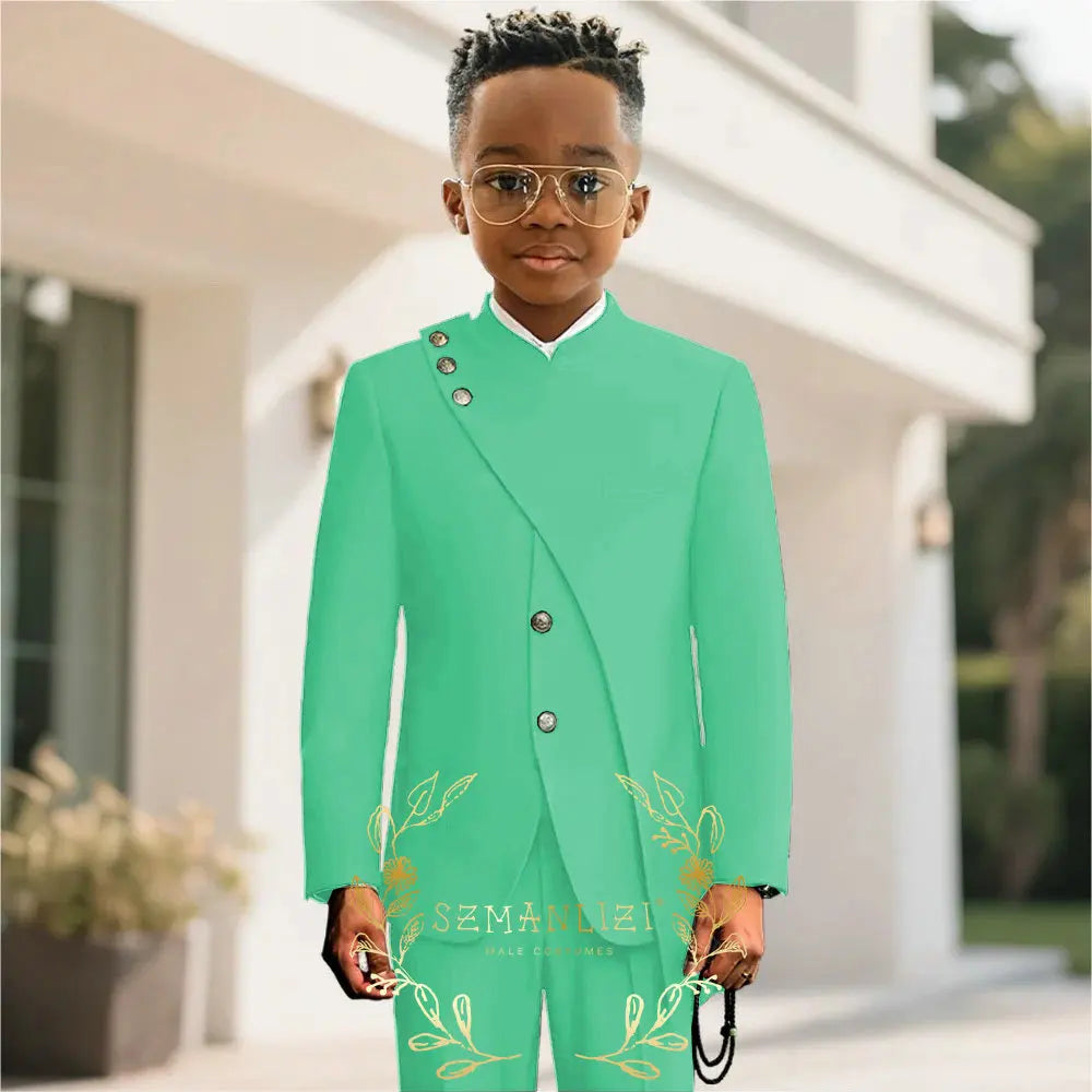 Boy African Style Stand Collar Suit Custom Fashion Boy Formal Wear Wedding Dress Costume Kids 2 Piece Set (Jacket+Trouser)