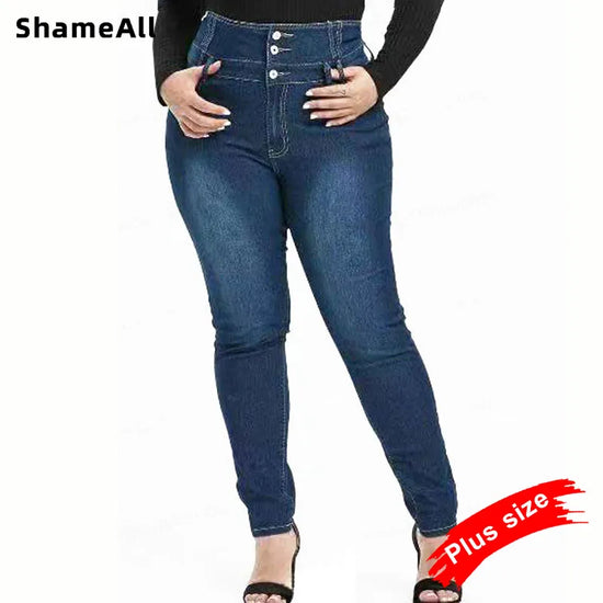 Grande taille boutonné mince bleu foncé pleine longueur jean 4XL 5XL femmes taille haute Stretch mince Denim pantalon dame pantalon