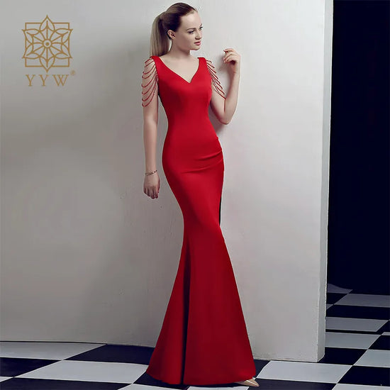 Crystal Beading V Neck Sleeveless Elegant Evening Dresses Women High Slit Formal Gowns Female Solid Green Red Sexy Club Vestidos