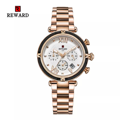 REWARD Fashion Women Wristwatch Stainless Steel Strap Quartz Watches Chronograph Calendar Waterproof Wrist Watch Gift for Wife