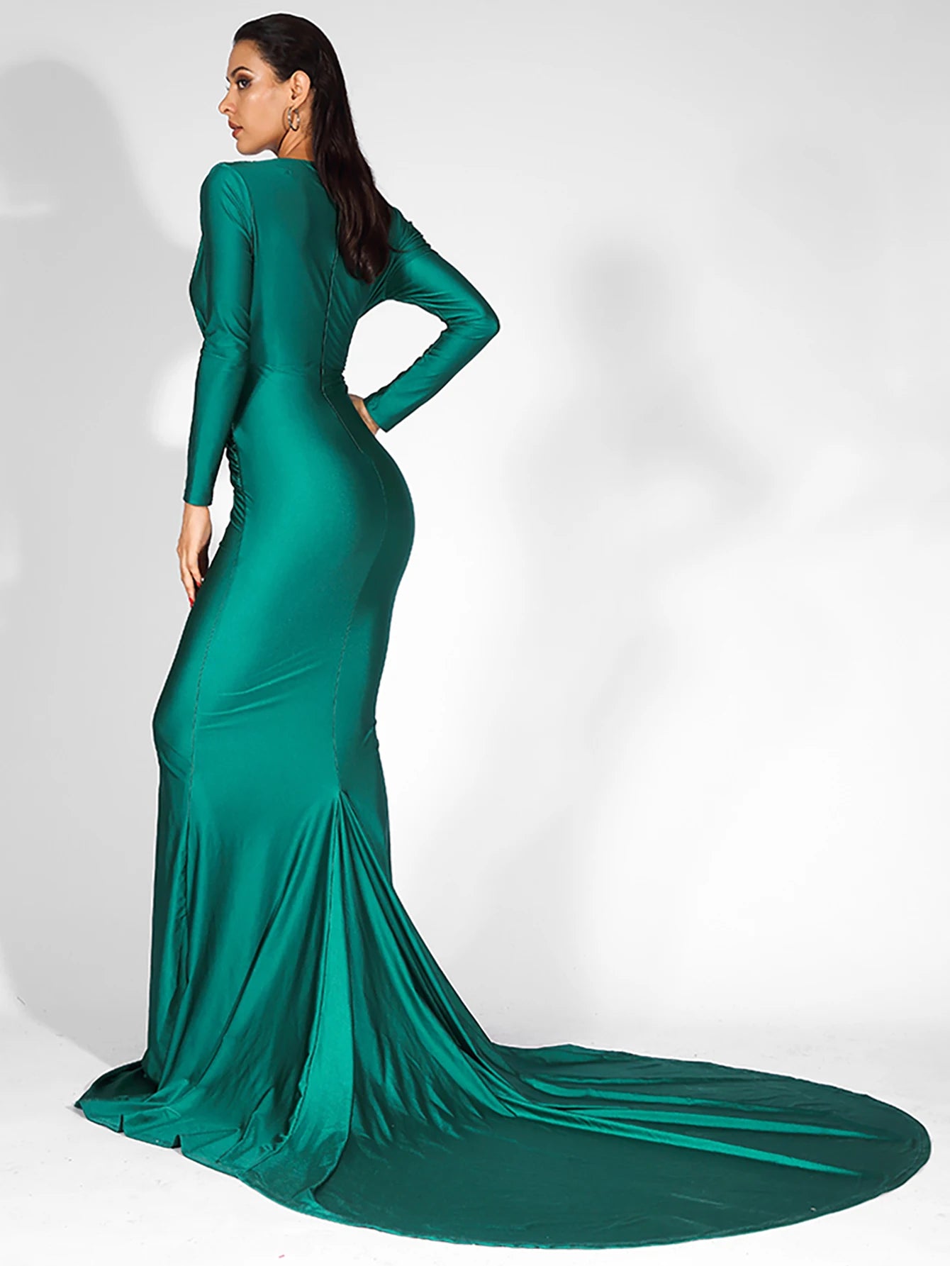 LOVE&LEMONADE  Sexy Green Deep V-Neck Slim Fit Elastic Fabric Trai Maxi Dress LM81535