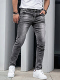 1 Piece of Men's Four-Season Snowflake Washed Fashion Jeans, Stretch Slim Fit Light Gray Dark Black Casual Denim Pants, Normcore and Fashionable, Suitable for Everyday Wear