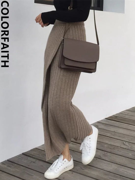 Colorfaith New 2022 Knitting Chic Straight Korean Fashion Split Harajuku Elegant Vintage Spring Winter Women Long Skirts SK1967