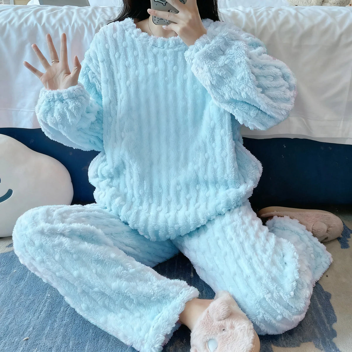 Autumn Winter Plush Sleepwear Women Cute Cartoon round Neck Coral Fleece Striped Embroidery Warm Home Clothes Cozy Set