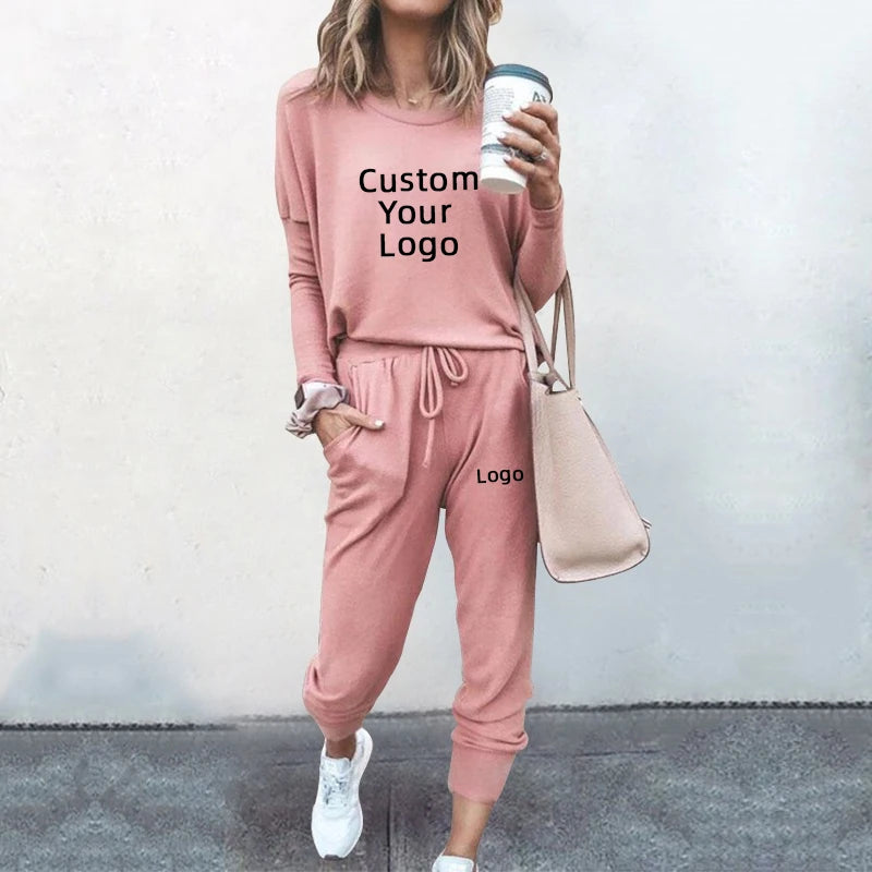 2023 New Customise your logo Women's Suit Spring and Autumn Fashion Daily Home Wear Woman Round Neck Sweatsuit + Pants 2pcs Sets