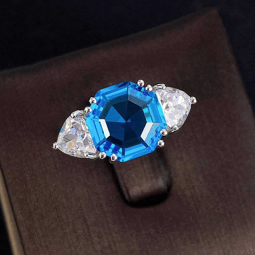 Huitan Personality Geometric Blue Cubic Zirconia Rings for Women Wedding Anniversary Party Temperament Elegant Lady's Jewelry