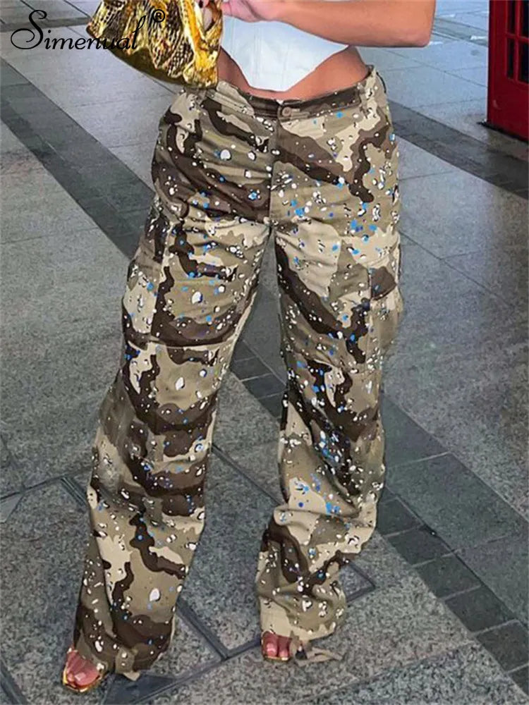 Simenual Casual High Waist Camouflage Print Straight Pants Chic Women Street Big Pockets Drawstring Cargo Trousers Loose Bottom