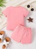 0-3 year old baby girl round neck short sleeved cute cartoon cat pattern top simple shorts two-piece set for spring and summer