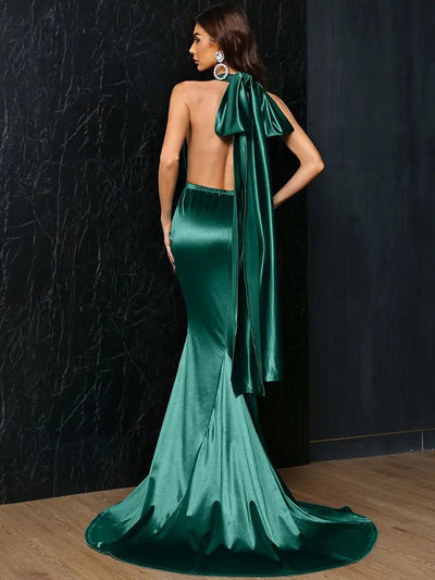 Missord Green Satin Long Party Dress Women Deep V-Neck Halter Bowknot Backless Maxi Evening Prom Mermaid Dresses Elegant Gown