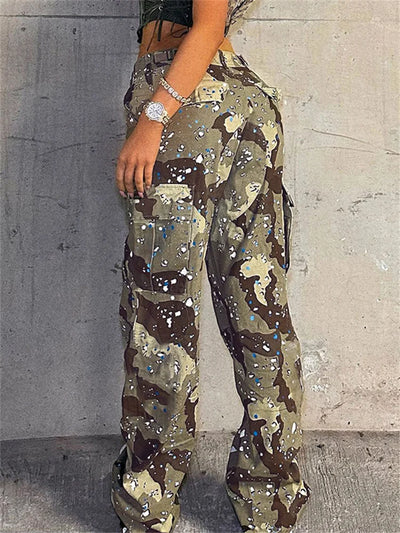 Simenual Casual High Waist Camouflage Print Straight Pants Chic Women Street Big Pockets Drawstring Cargo Trousers Loose Bottom
