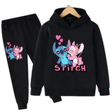 Autumn and Winter Children Disney Cute Stitch Print Hooded Sweatshirt Suit Boys Girls Casual Comfortable Long Sleeve + Pants Set