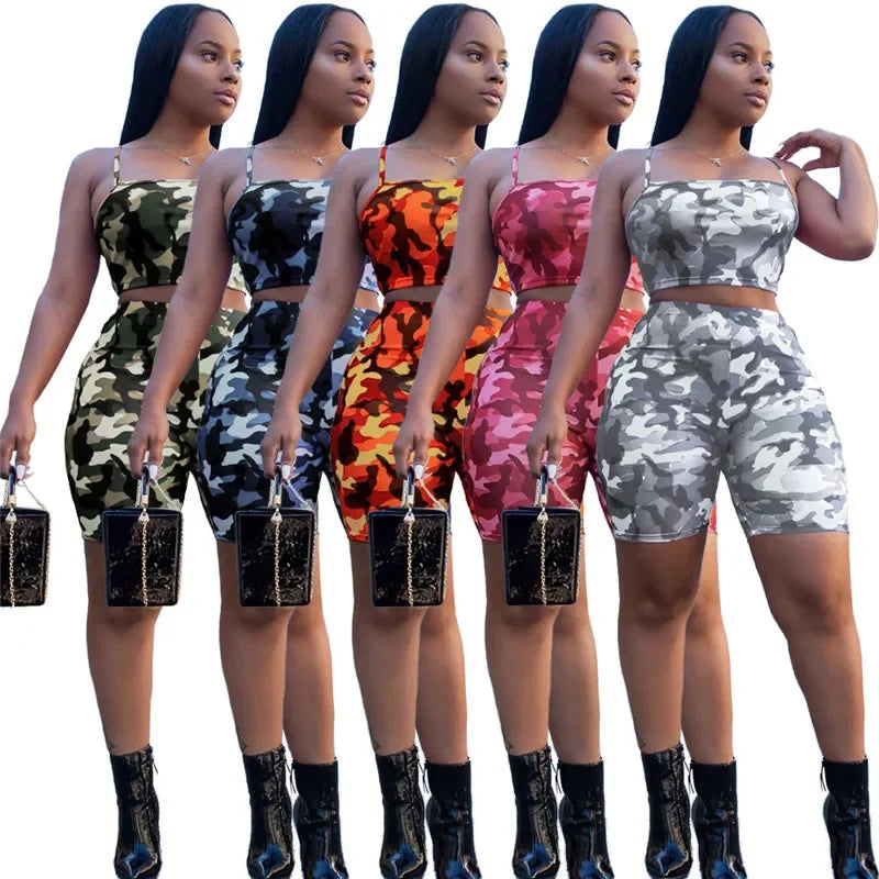 ANJAMANOR Camouflage Print Casual Two Piece Set Crop Top and Pants Summer Short Tracksuit Women Sexy Bodycon Romper D74-BI19