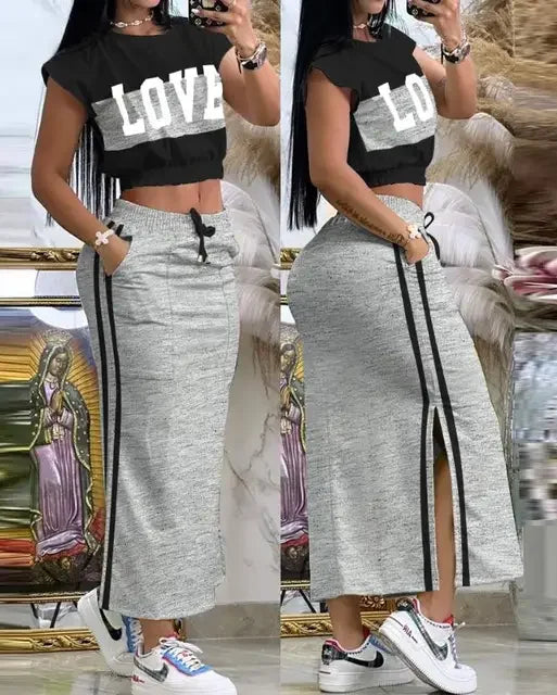 2025 Summer Two Piece Sets Women Outifit Fashion Print Colorblock O-Neck Short Sleeve Crop Top & Casual Striped Pocket Skirt Set