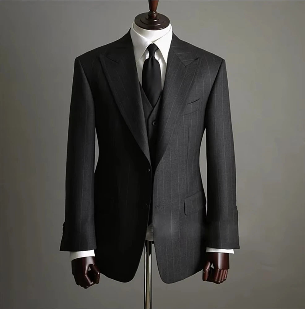 Classic Men's Suit Dark Grey Stripe Formal Business Office  for Wedding Groom 3pcs Blazer Vest Pants Men Suits