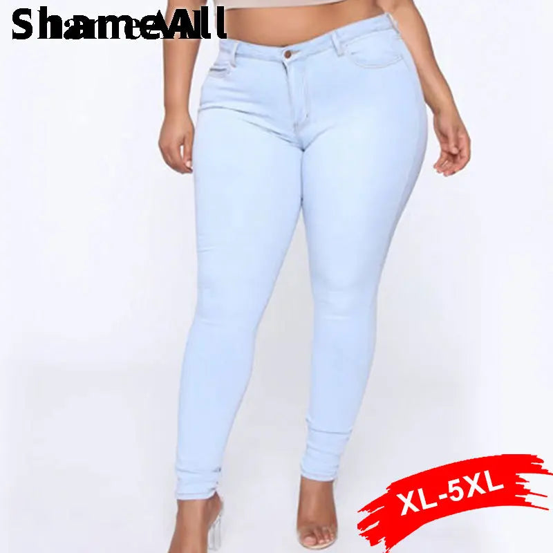 Plus Size Super Thin White Blue Stretch Skinny Pencil Jeans High Waist 5XL Slim Fit Jeans Mom Women White Wash Long Denim Pants
