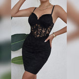 Black Sleeveless Backless 2024 Y2k Skirt Crop Floral Lace Sexy Hollowing Mesh See Through V-Neck Bodycon Hotsweet Party Dress