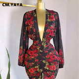CM.YAYA Women Full Sleeve Floral Print V-neck Elegant Long Dress Ruched Holiday Birthday Evening Sexy Party Dresses Vestidos