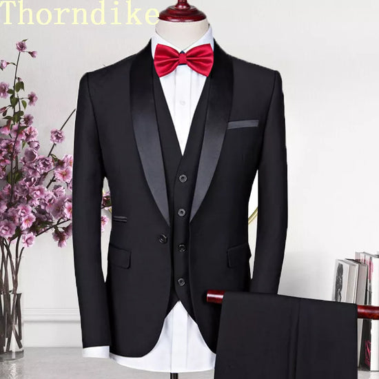 Thorndike Men Suits 3 Pieces Black Fit Casual Groomsmen Army Lapel Business Tuxedos for Formal Wedding(Blazer+Pants+Vest)