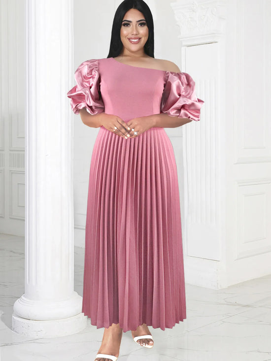 ONTINVA Cold Shoulder Dresses Plus Size Short Puff Sleeve Pink Empire A Line Pleated Prom Outfits for Ladies Event Party 3XL 4XL