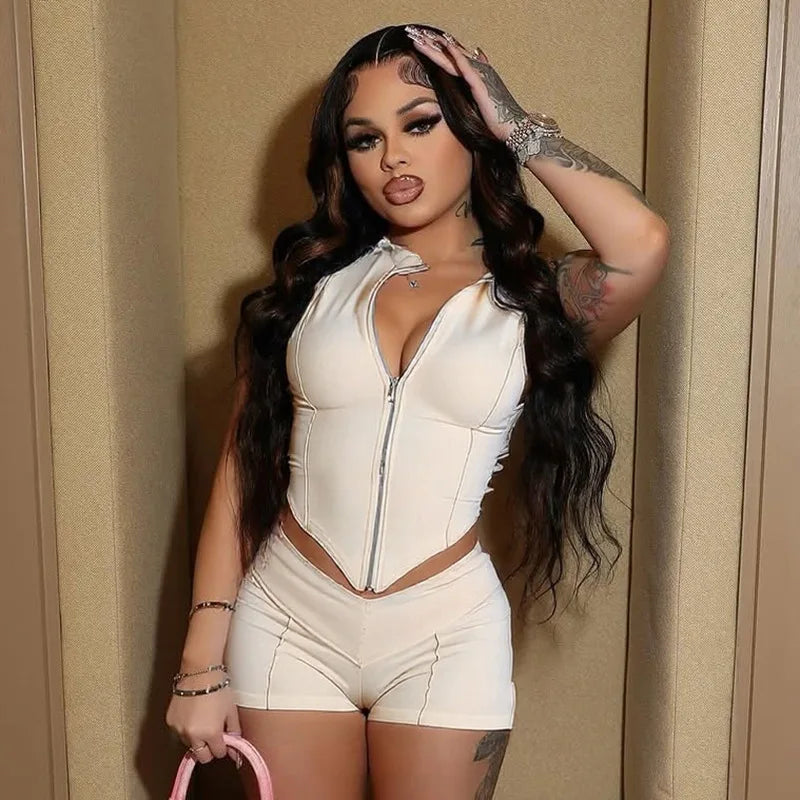 2025 Spring Summer Zip-Up Collar Set - Sleeveless Crop Top & High-Waist Shorts Club outfits for women 2025