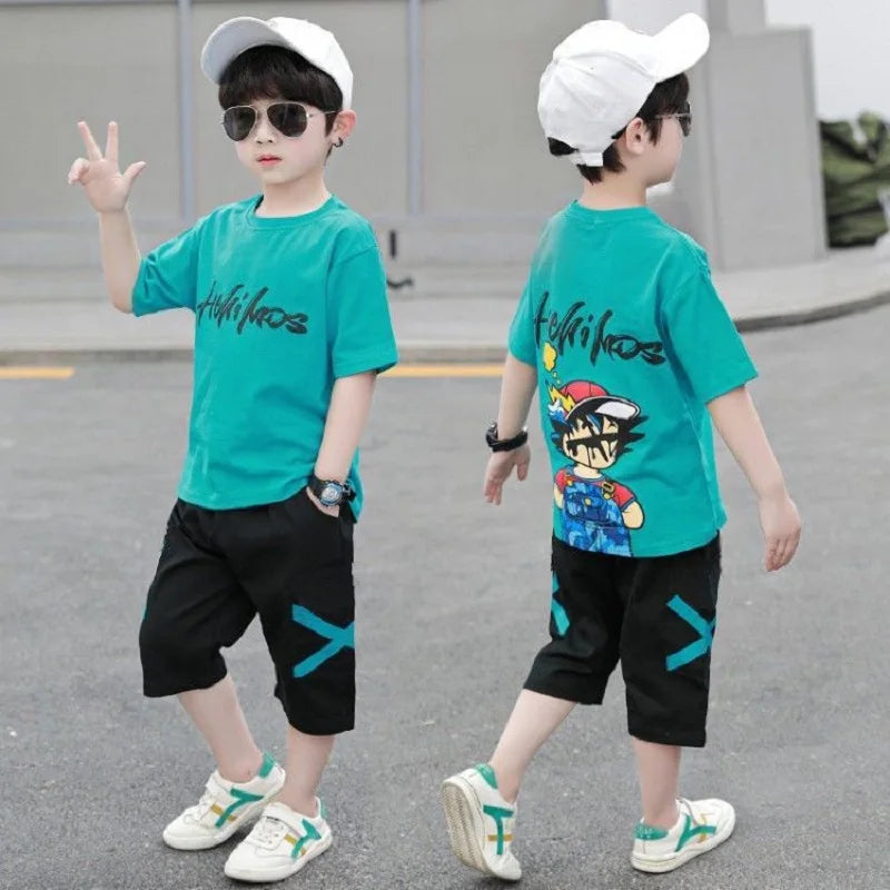 2022 Kids Boys Summer Suit Clothes Cartoon Short Sleeves T-shirt + Pants 2 Piece Set Children Clothing Outfit 6 8 9 10 12 Years