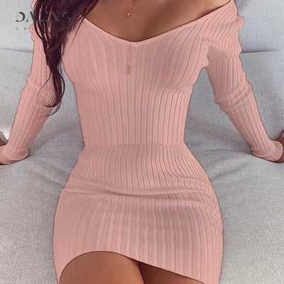 Sexy Club Off Shoulder Long Sleeve Bodycon Dress For Women 2020 Winter White Knitted Sweater Mini Woman Dresses Robe Femme