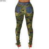 2019 New Autumn Winter Female Denim Pants Women Skinny Hole Spliced Camouflage Print Jeans Sexy Pencil Bandage Trousers