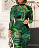 2025 Spring Summer Women 3PCS Crop Top & Shorts Set with Tropical Print Sheer Mesh Bodycon Dress Sexy Lady Three Piece Dress Set